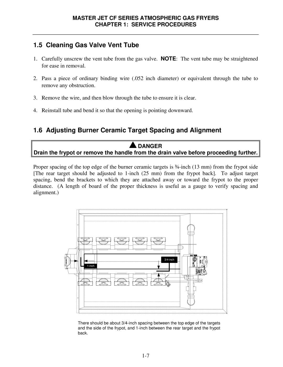 Frymaster MJCFEC, FMCFEC, KJ3FC, J65X Cleaning Gas Valve Vent Tube, Adjusting Burner Ceramic Target Spacing and Alignment 