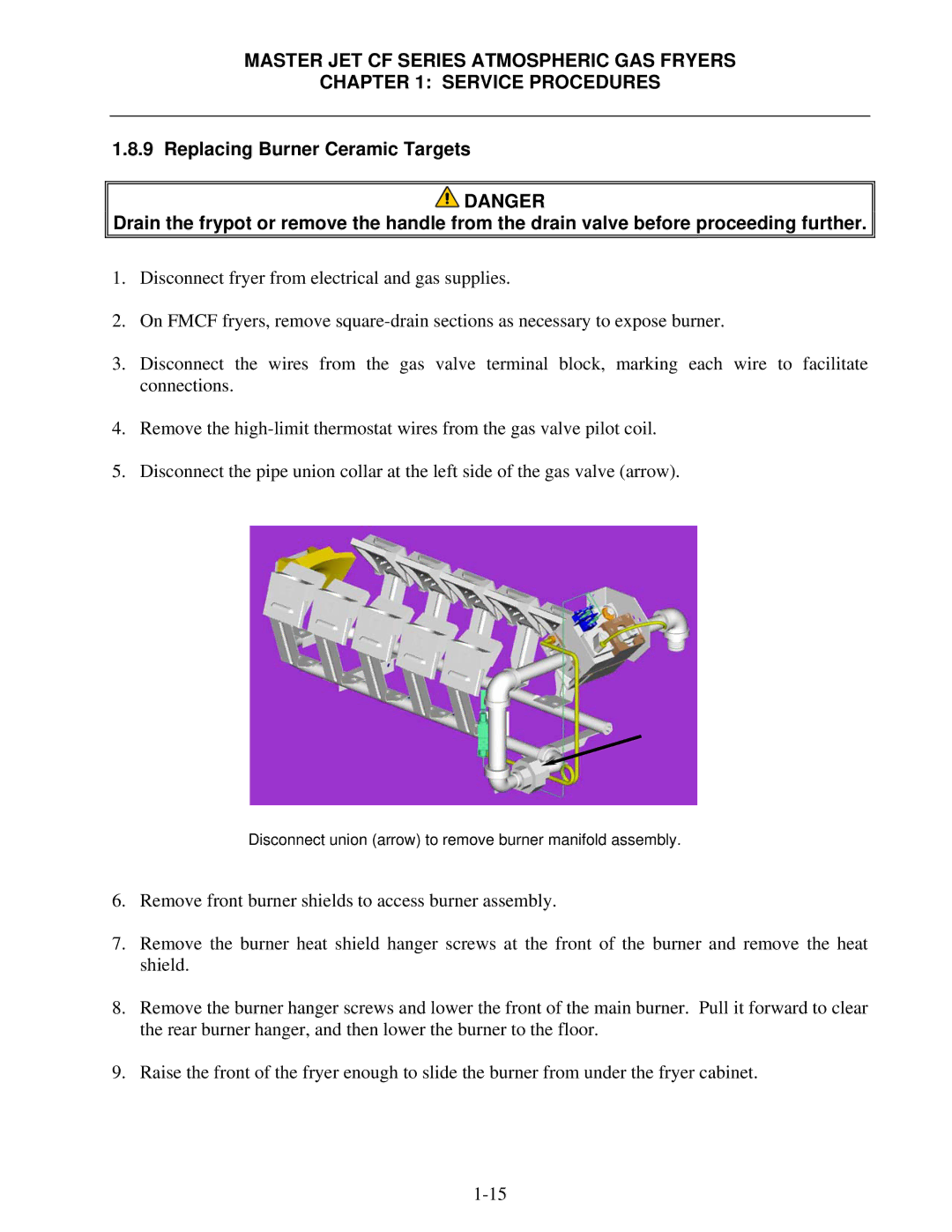 Frymaster MJCFEC, FMCFEC, KJ3FC, J65X, JCFX manual Disconnect union arrow to remove burner manifold assembly 