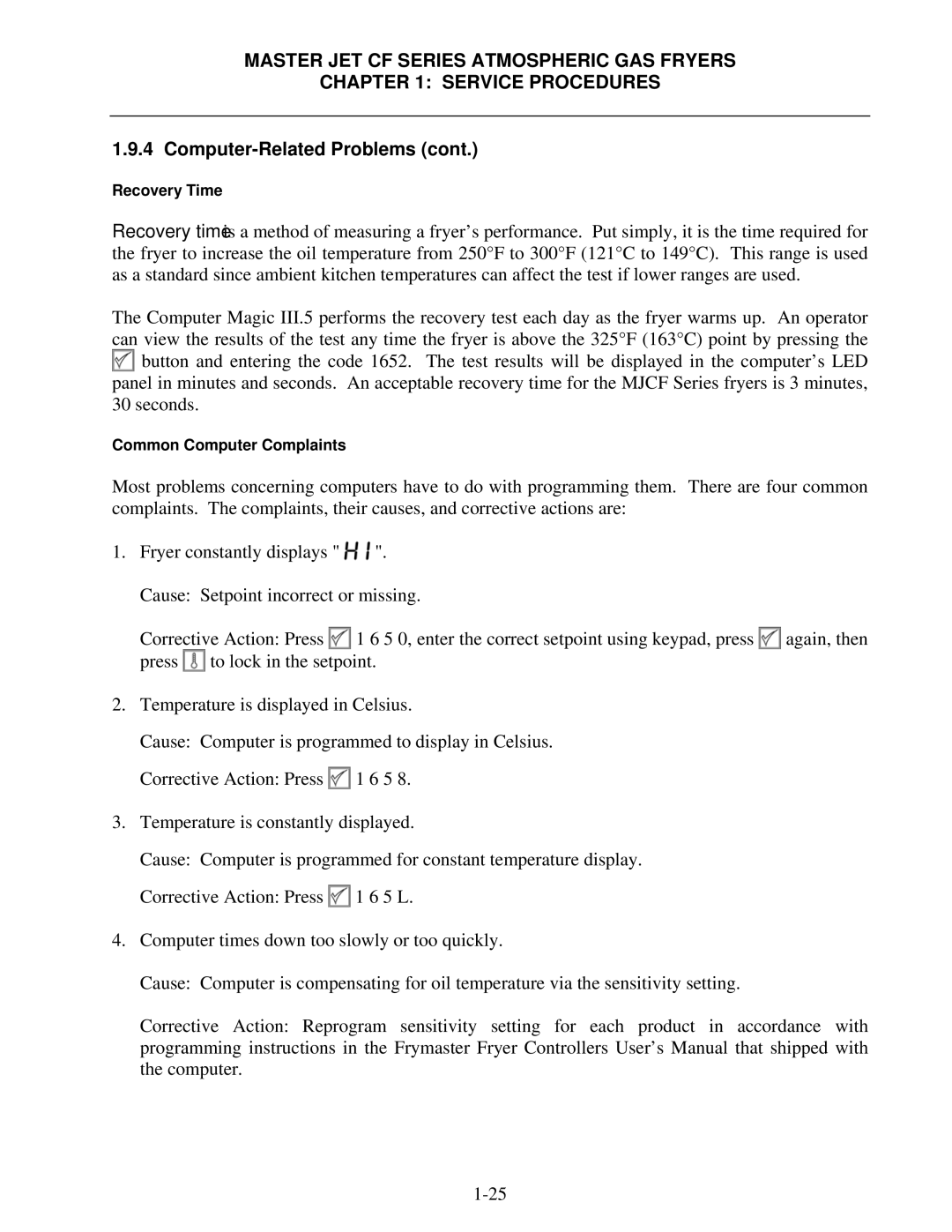 Frymaster MJCFEC, FMCFEC, KJ3FC, J65X, JCFX manual Recovery Time 