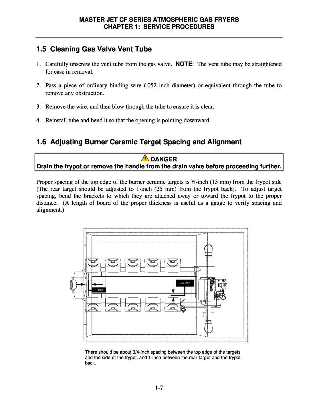 Frymaster MJCFE Cleaning Gas Valve Vent Tube, Adjusting Burner Ceramic Target Spacing and Alignment, Service Procedures 