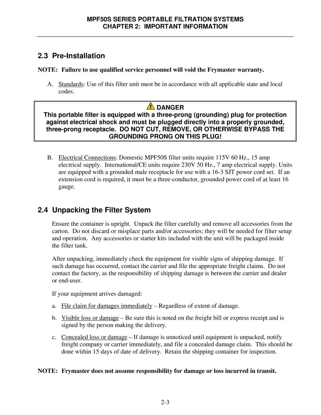 Frymaster MPF50S Series manual Pre-Installation, Unpacking the Filter System 