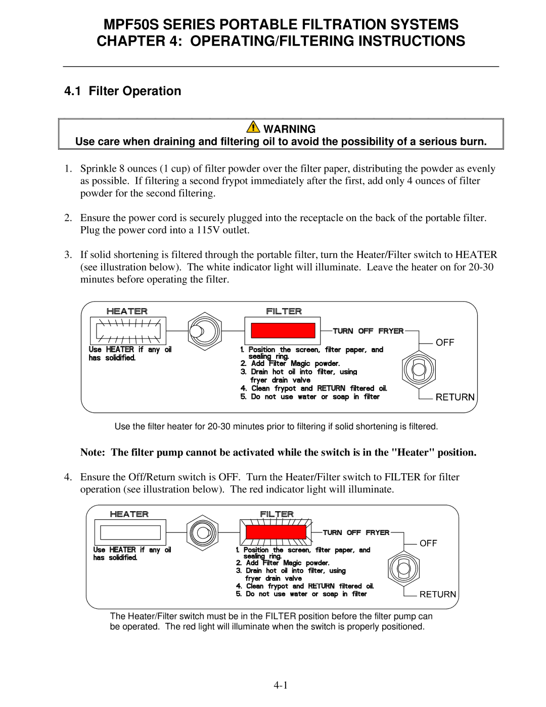 Frymaster MPF50S Series manual Filter Operation 