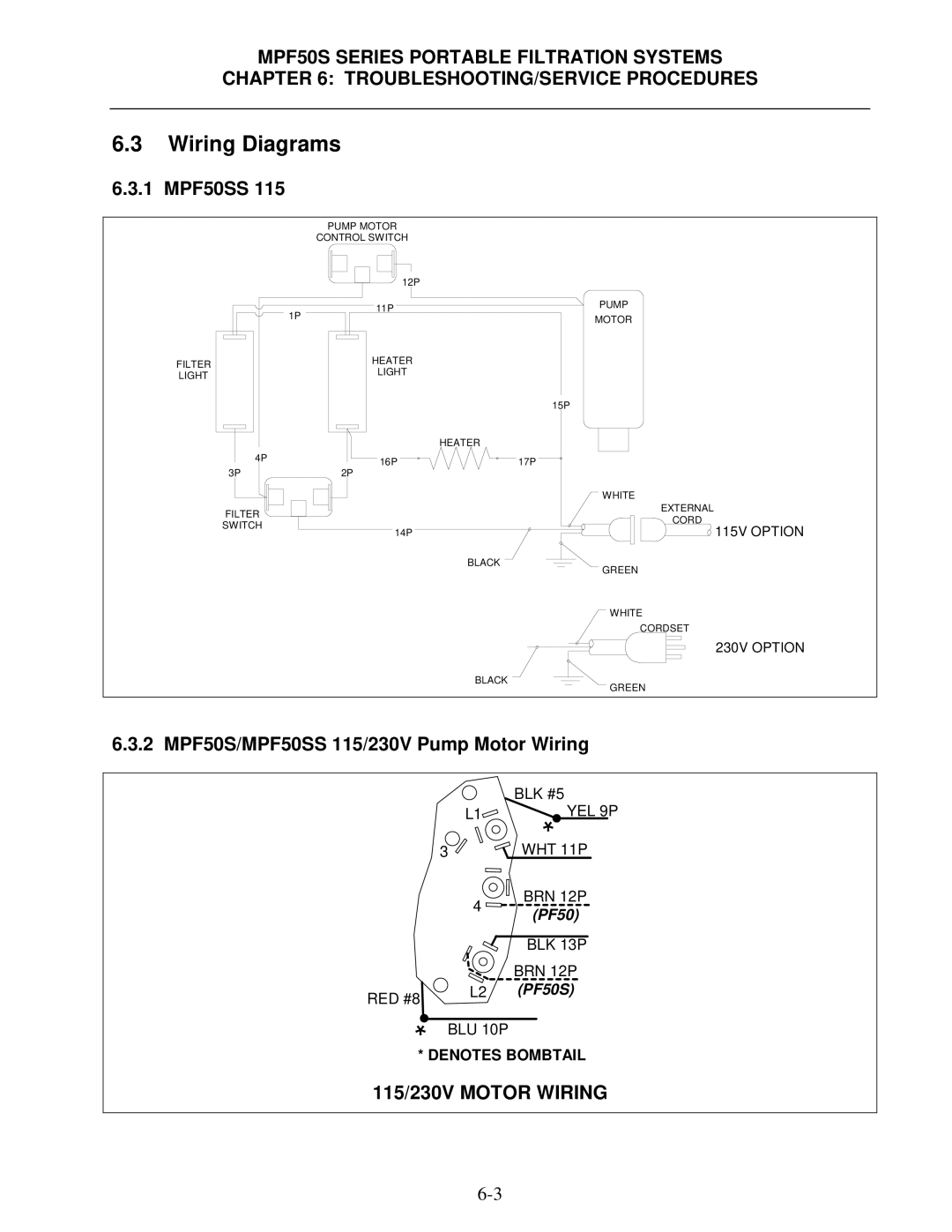 Frymaster MPF50S Series manual Wiring Diagrams, 1 MPF50SS, 2 MPF50S/MPF50SS 115/230V Pump Motor Wiring 