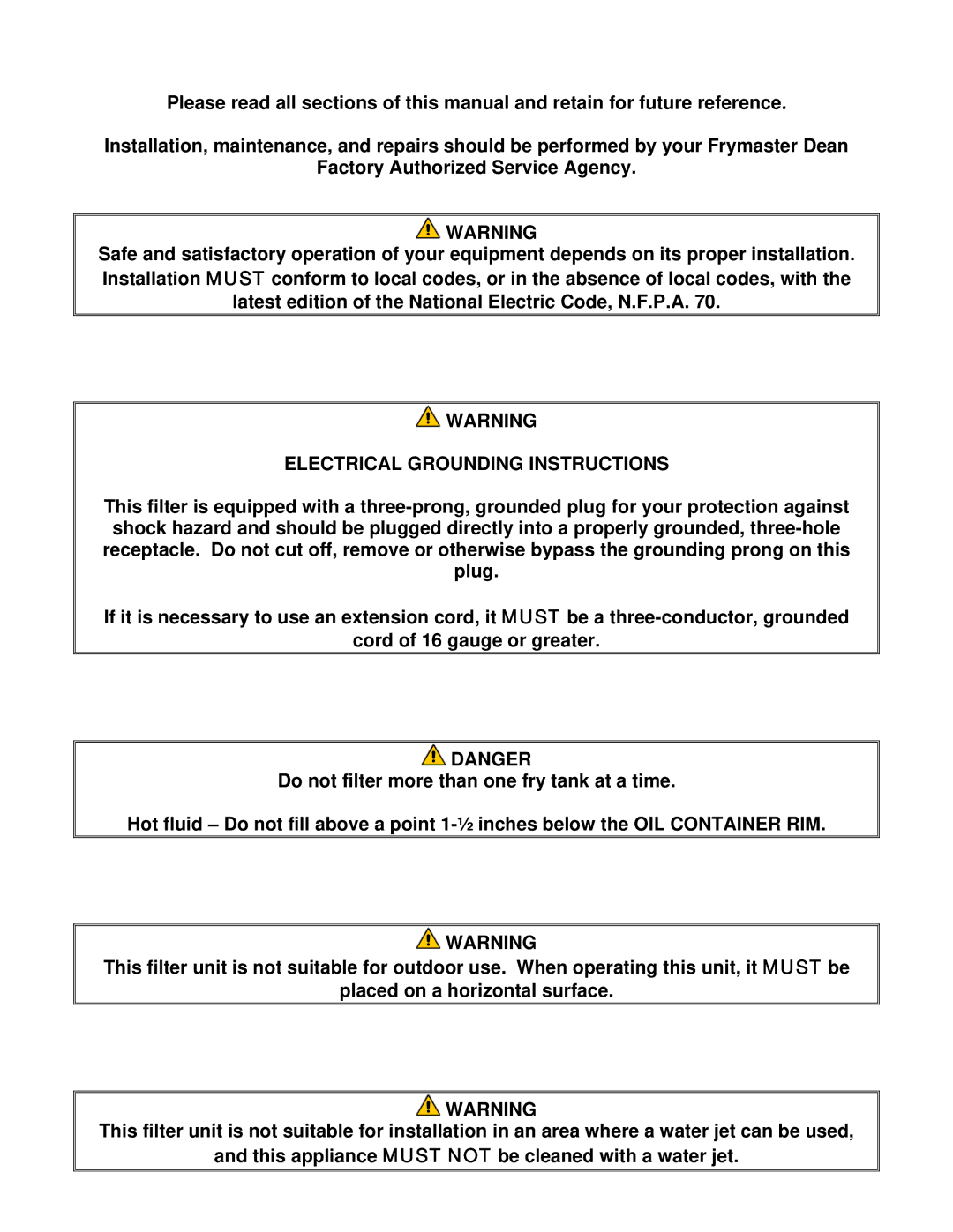 Frymaster MPF50S Series manual Electrical Grounding Instructions 