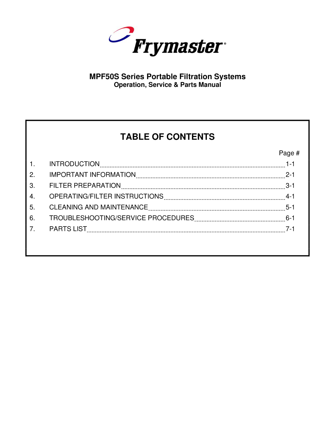 Frymaster MPF50S Series manual Table of Contents 