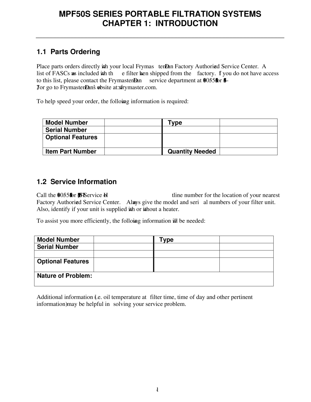 Frymaster MPF50S Series manual Parts Ordering, Service Information 