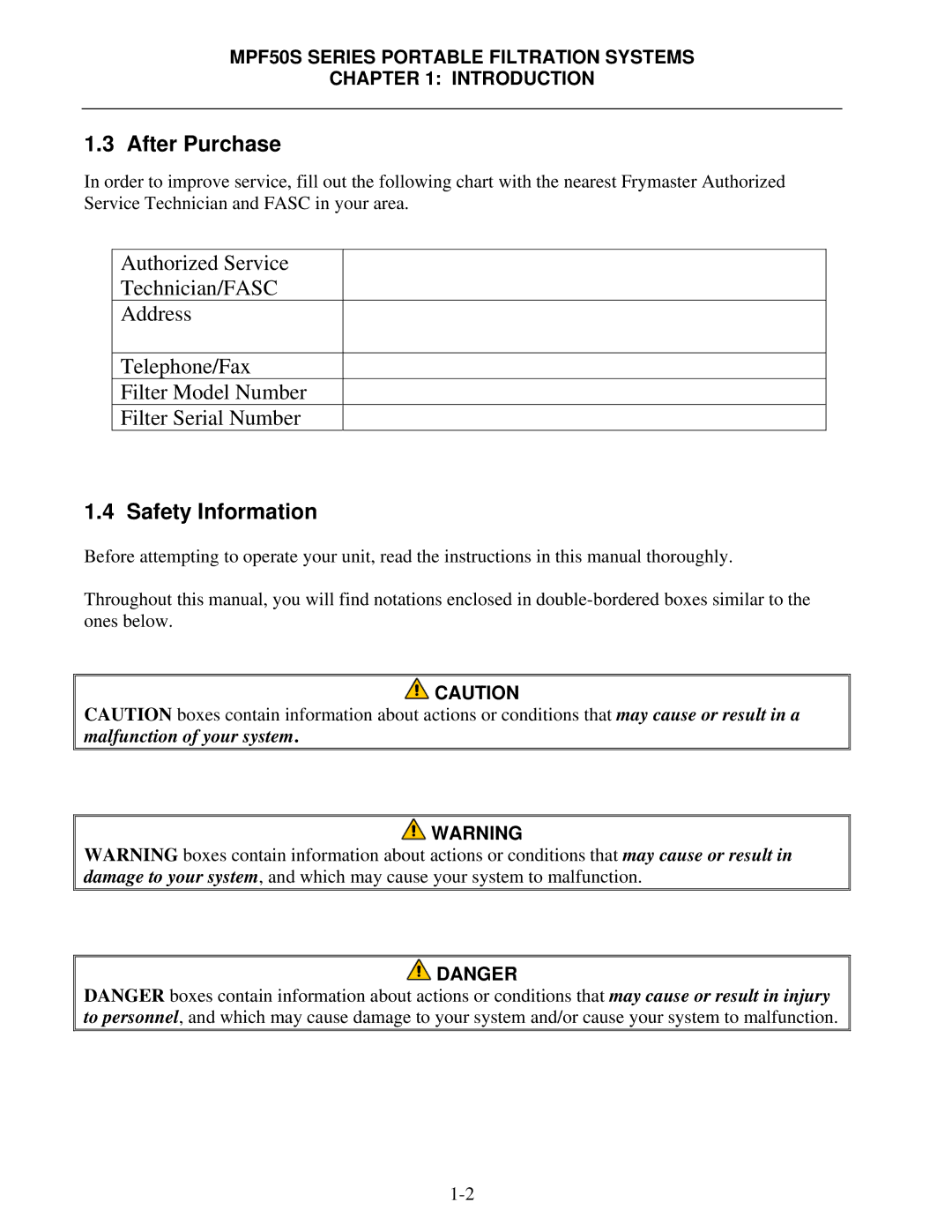 Frymaster MPF50S Series manual After Purchase, Safety Information 