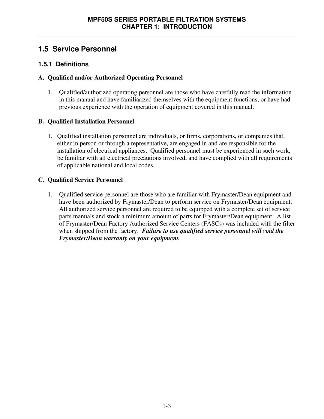 Frymaster MPF50S Series manual Service Personnel, Definitions 