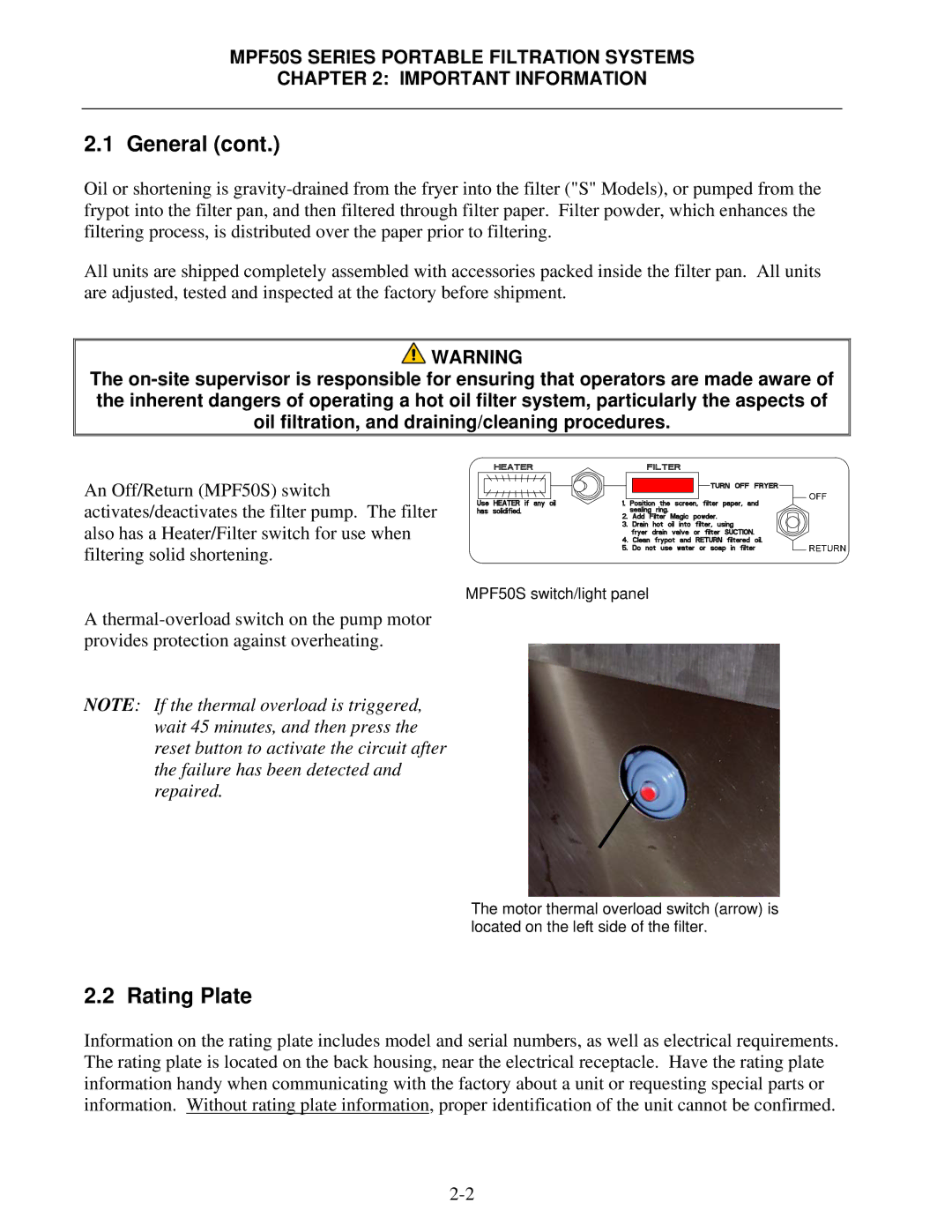 Frymaster MPF50S Series manual Rating Plate 