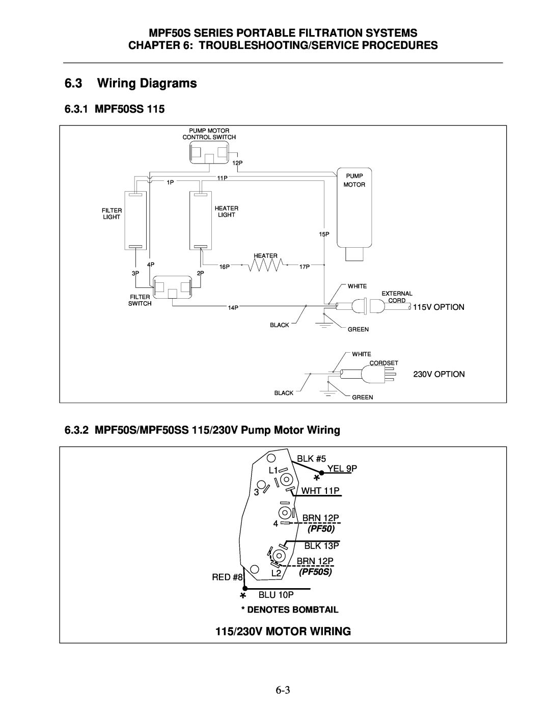 Frymaster MPF50S Series manual 6.3Wiring Diagrams, 6.3.1 MPF50SS, 6.3.2 MPF50S/MPF50SS 115/230V Pump Motor Wiring, L2 PF50S 