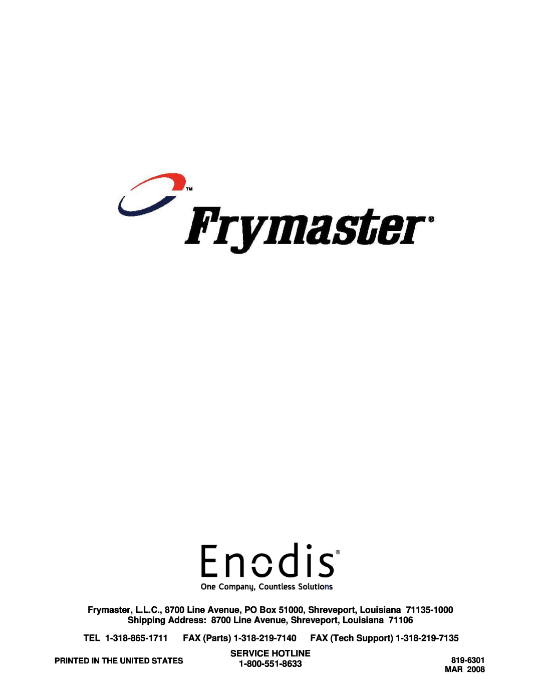 Frymaster MPF50S Series manual Service Hotline 