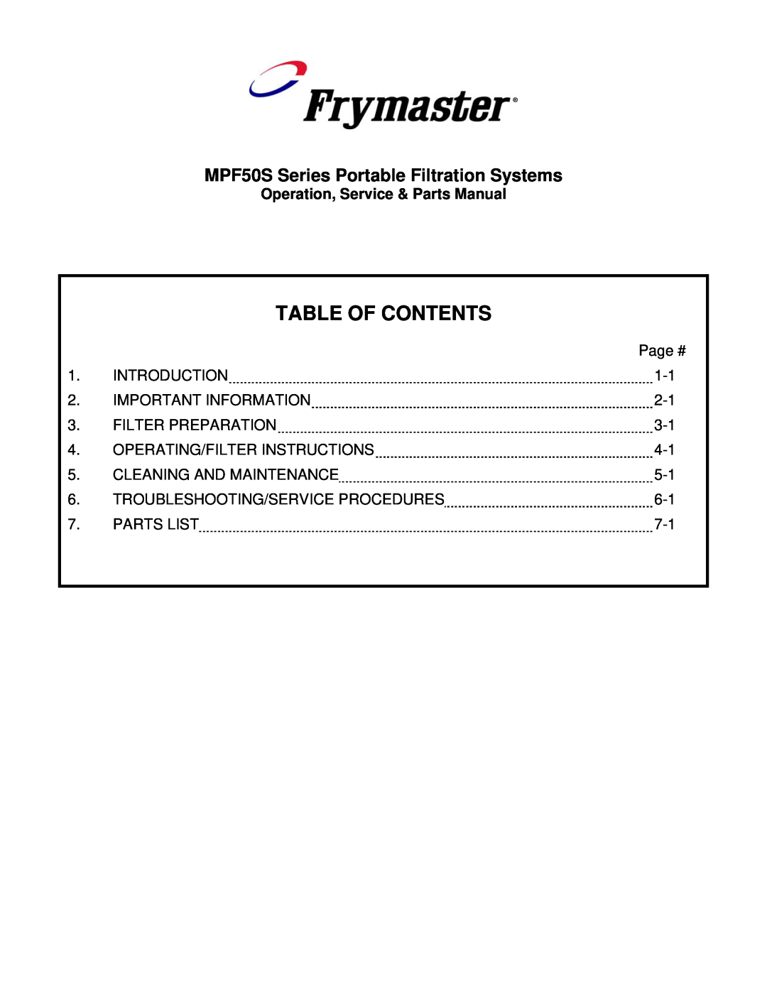 Frymaster manual Table Of Contents, MPF50S Series Portable Filtration Systems, Operation, Service & Parts Manual 