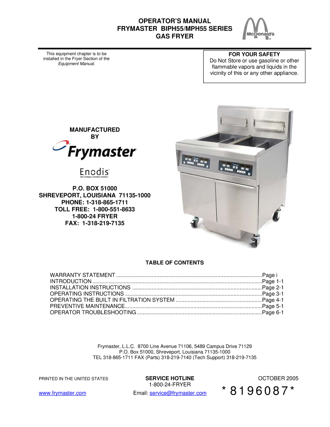 Frymaster warranty OPERATOR’S Manual Frymaster BIPH55/MPH55 Series GAS Fryer, For Your Safety 