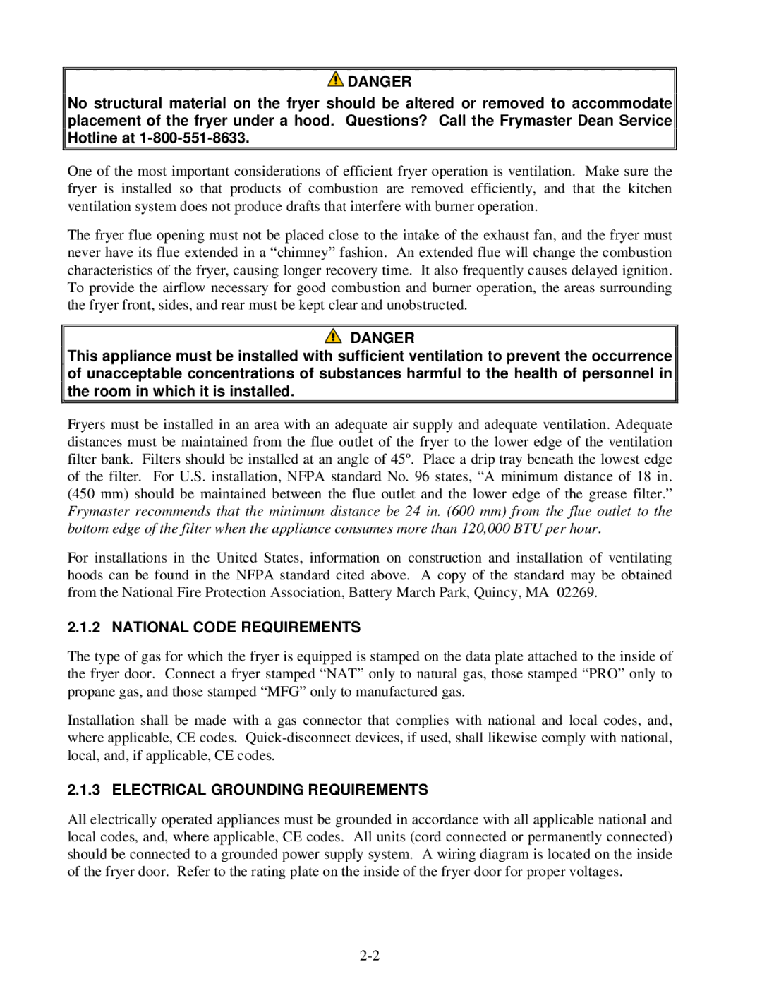 Frymaster MPH55, BIPH55 warranty National Code Requirements, Electrical Grounding Requirements 