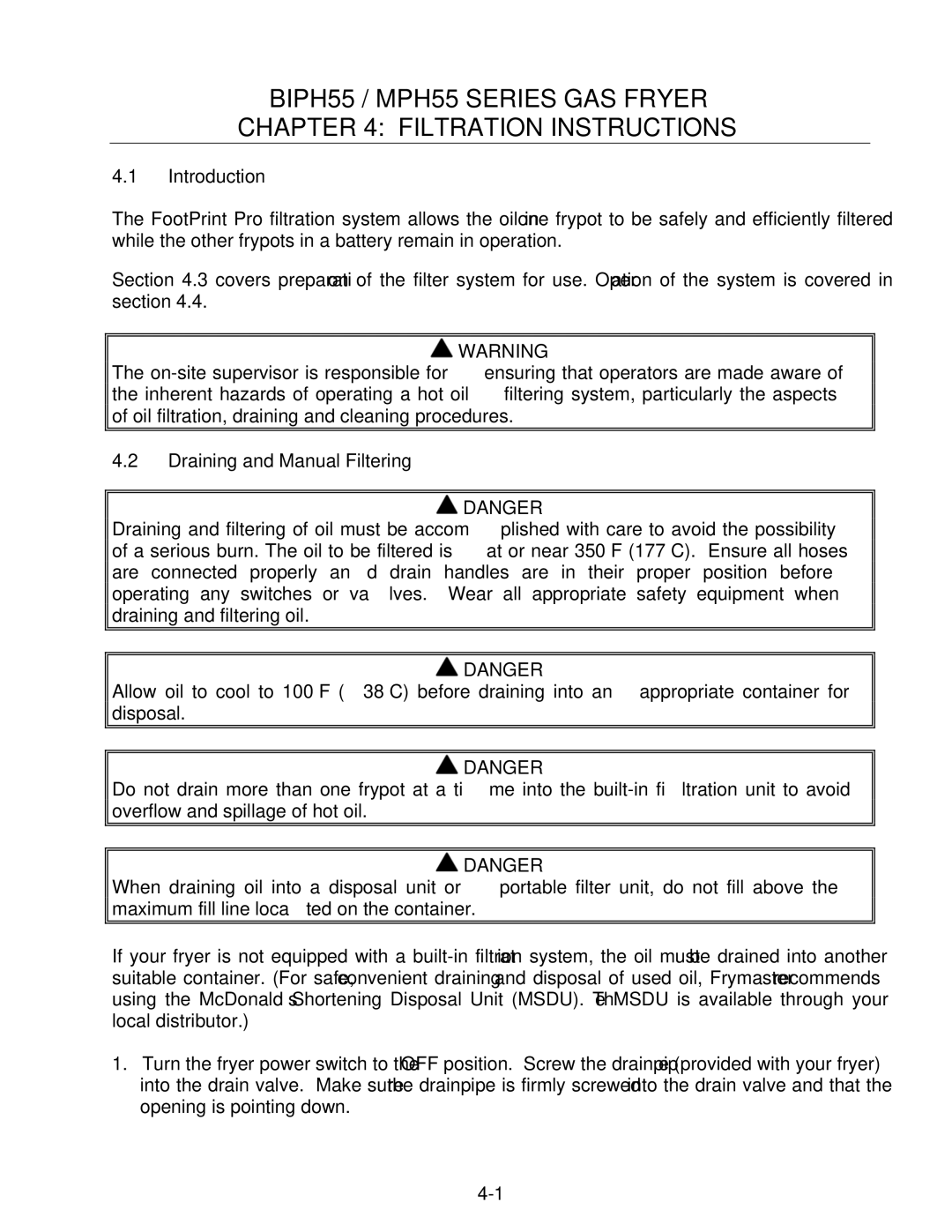 Frymaster warranty BIPH55 / MPH55 Series GAS Fryer Filtration Instructions, Introduction 