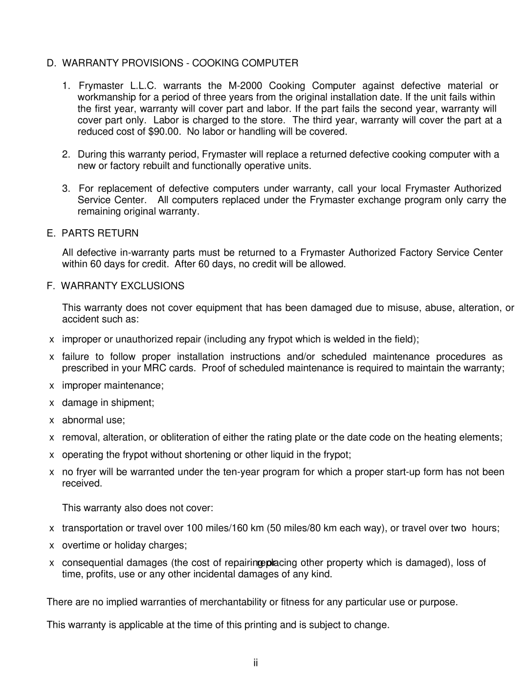 Frymaster BIPH55, MPH55 warranty Warranty Provisions Cooking Computer 