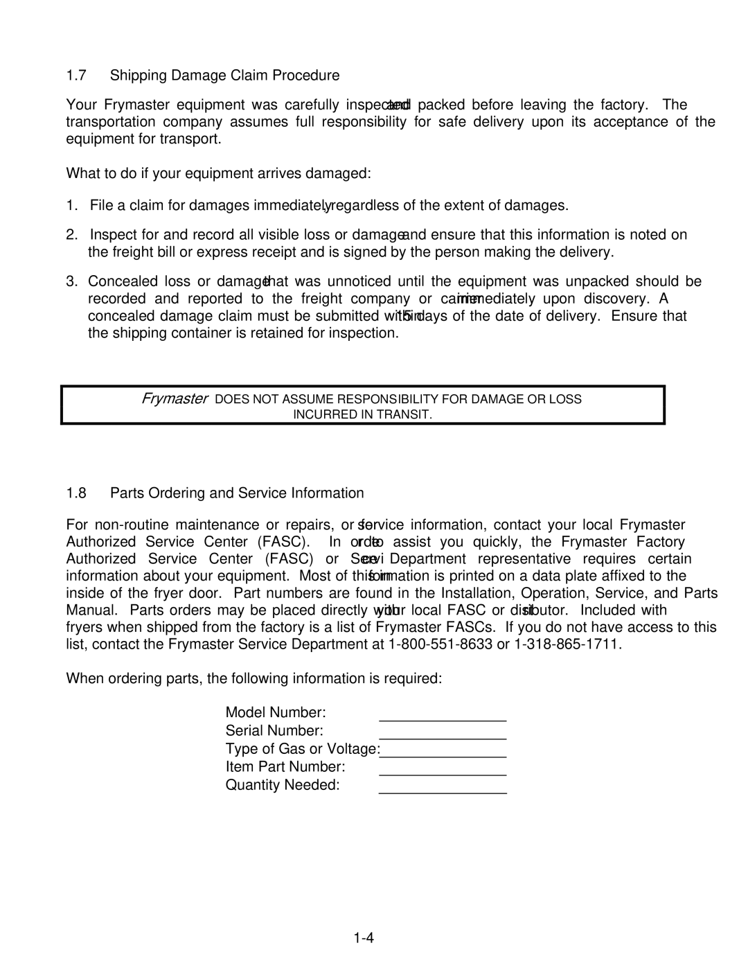 Frymaster BIPH55, MPH55 warranty Shipping Damage Claim Procedure, What to do if your equipment arrives damaged 