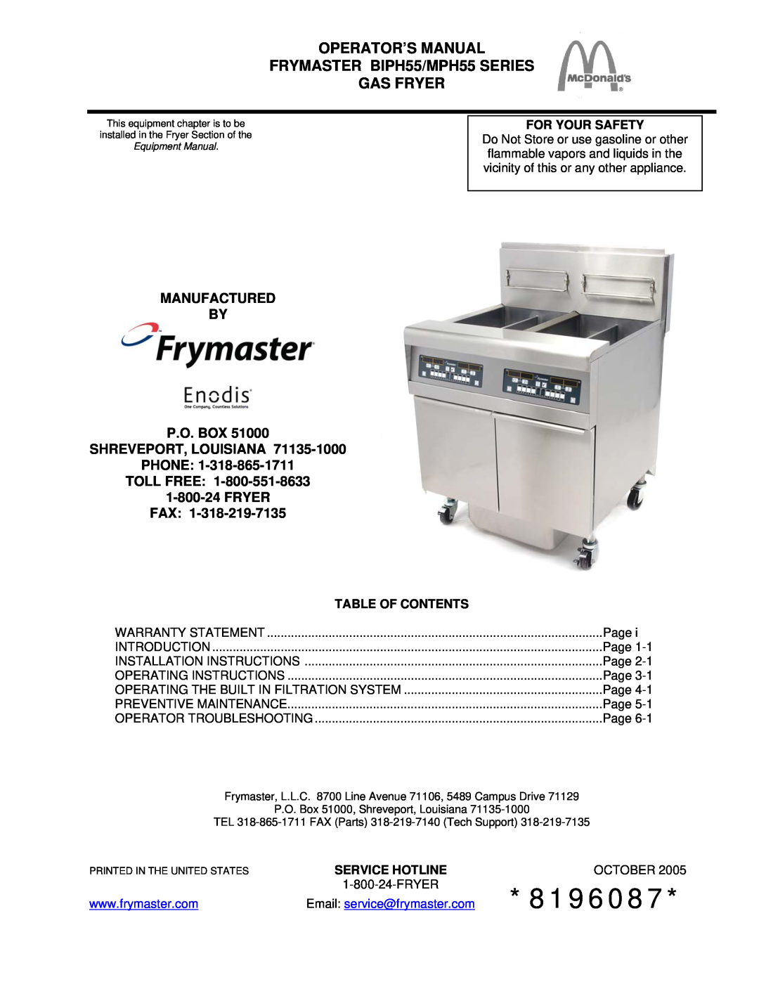 Frymaster BIPH55, MPH55 warranty 8196087, Manufactured By P.O. Box Shreveport, Louisiana Phone Toll Free, Fryer Fax 