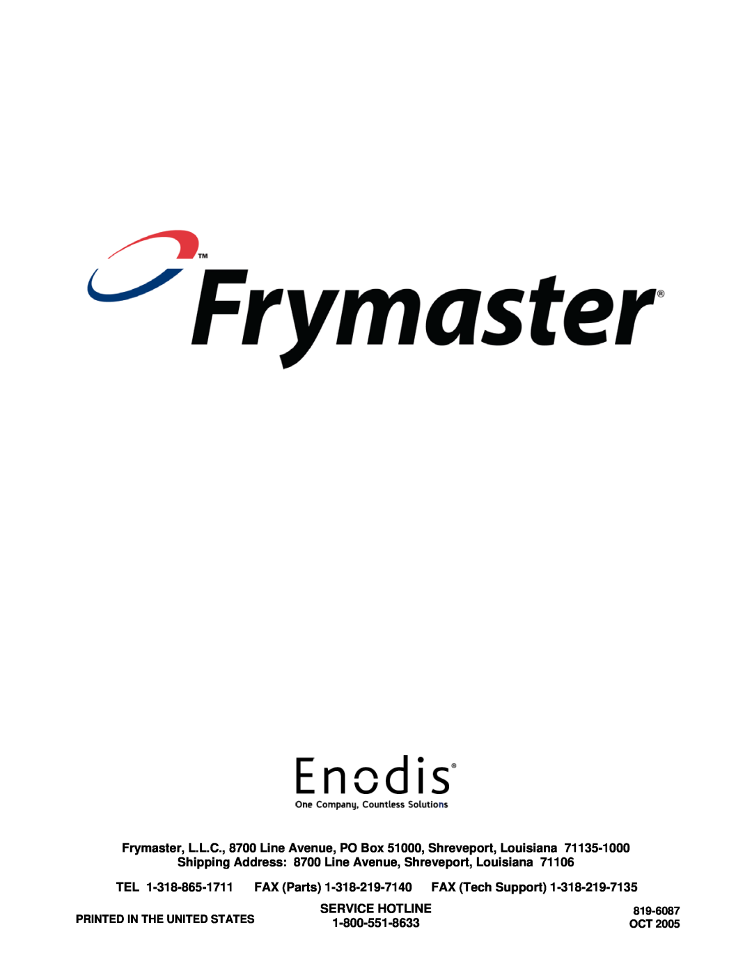 Frymaster MPH55 Shipping Address 8700 Line Avenue, Shreveport, Louisiana, Service Hotline, Printed In The United States 