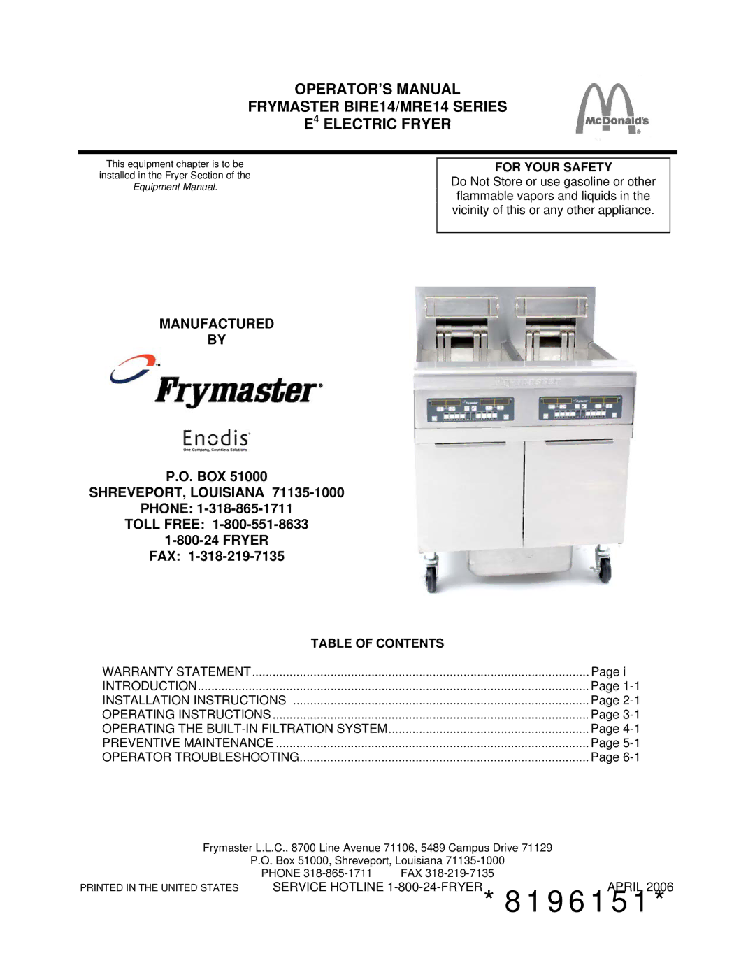 Frymaster BIRE14, MRE14 warranty 8196151 