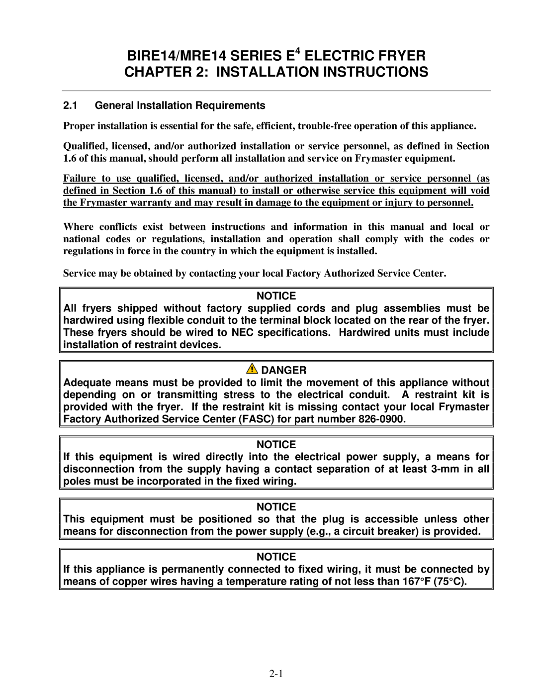 Frymaster BIRE14, MRE14 warranty General Installation Requirements 