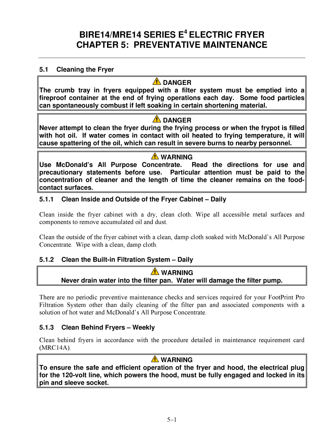 Frymaster BIRE14, MRE14 warranty Clean Behind Fryers Weekly 