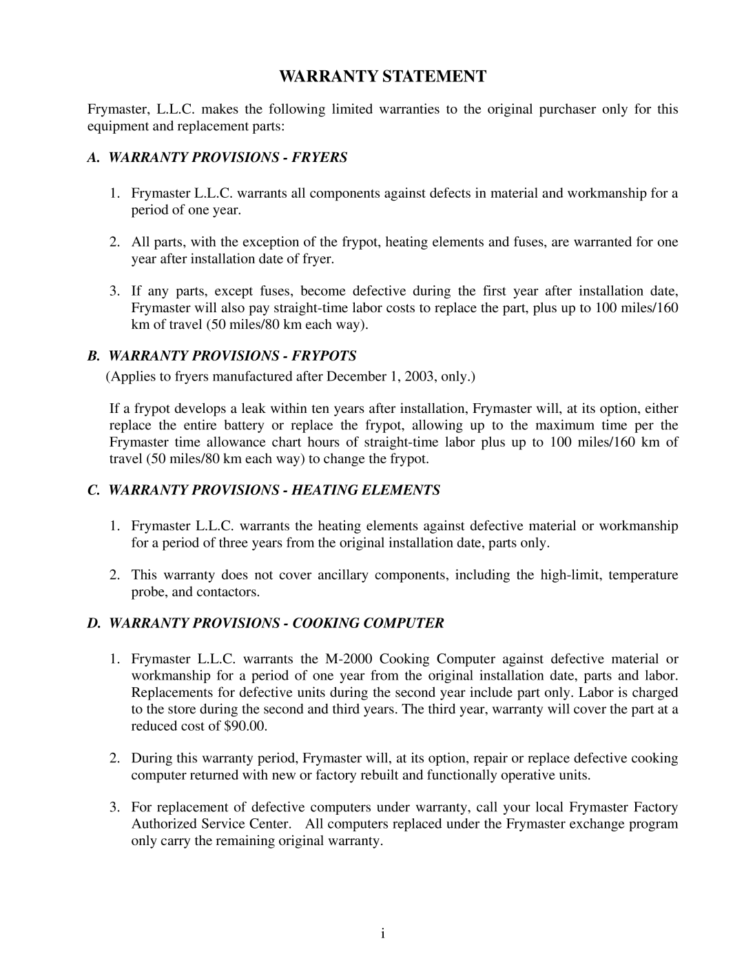 Frymaster MRE14, BIRE14 warranty Warranty Statement 