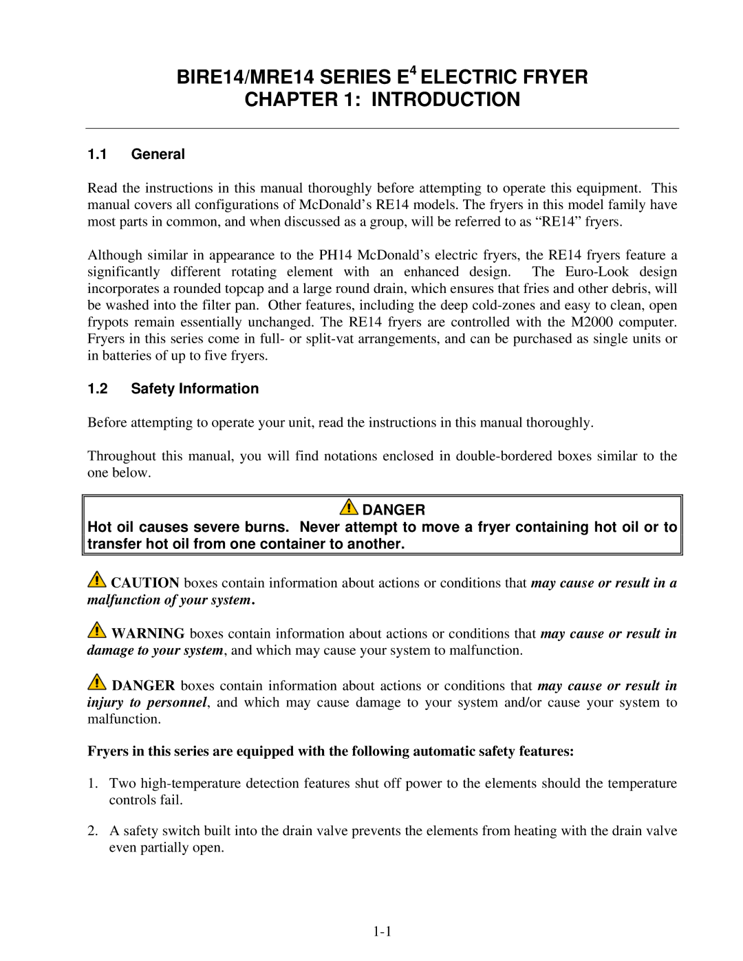 Frymaster BIRE14, MRE14 warranty General, Safety Information 