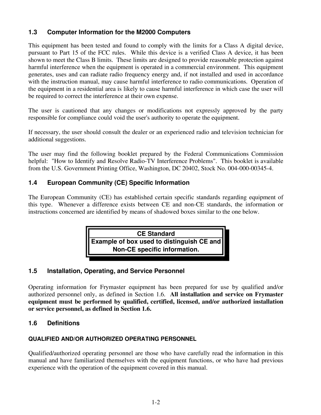 Frymaster MRE14 Computer Information for the M2000 Computers, European Community CE Specific Information, Definitions 