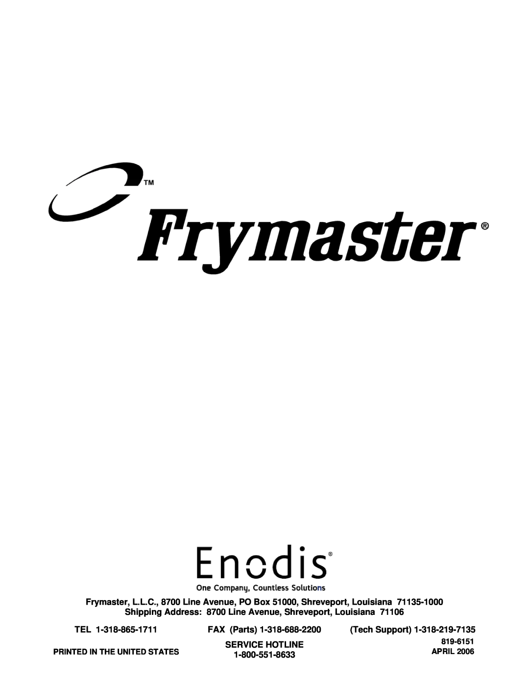 Frymaster MRE14, BIRE14 warranty FAX Parts, Tech Support, Service Hotline, 819-6151, April 