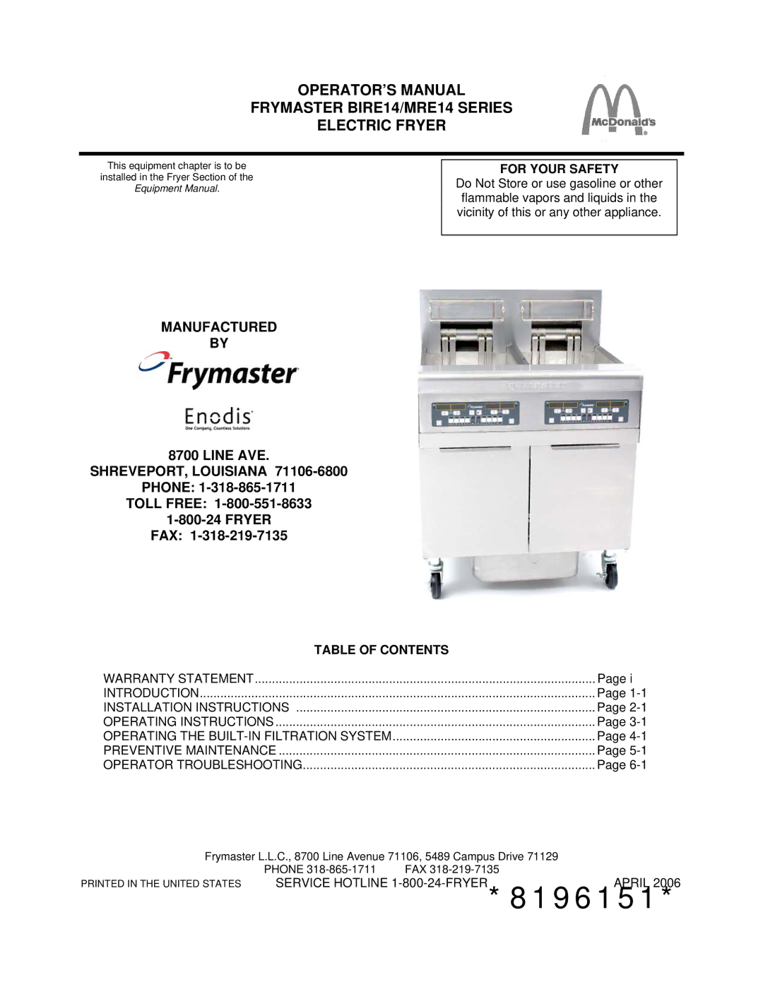 Frymaster MRE14 SERIES warranty 8196151 