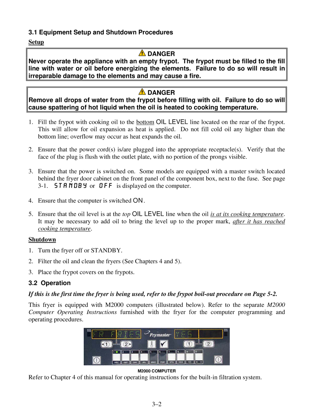 Frymaster MRE14 SERIES warranty Equipment Setup and Shutdown Procedures, Operation 