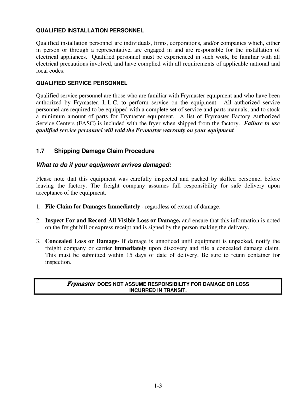 Frymaster MRE14 SERIES warranty Shipping Damage Claim Procedure, What to do if your equipment arrives damaged 