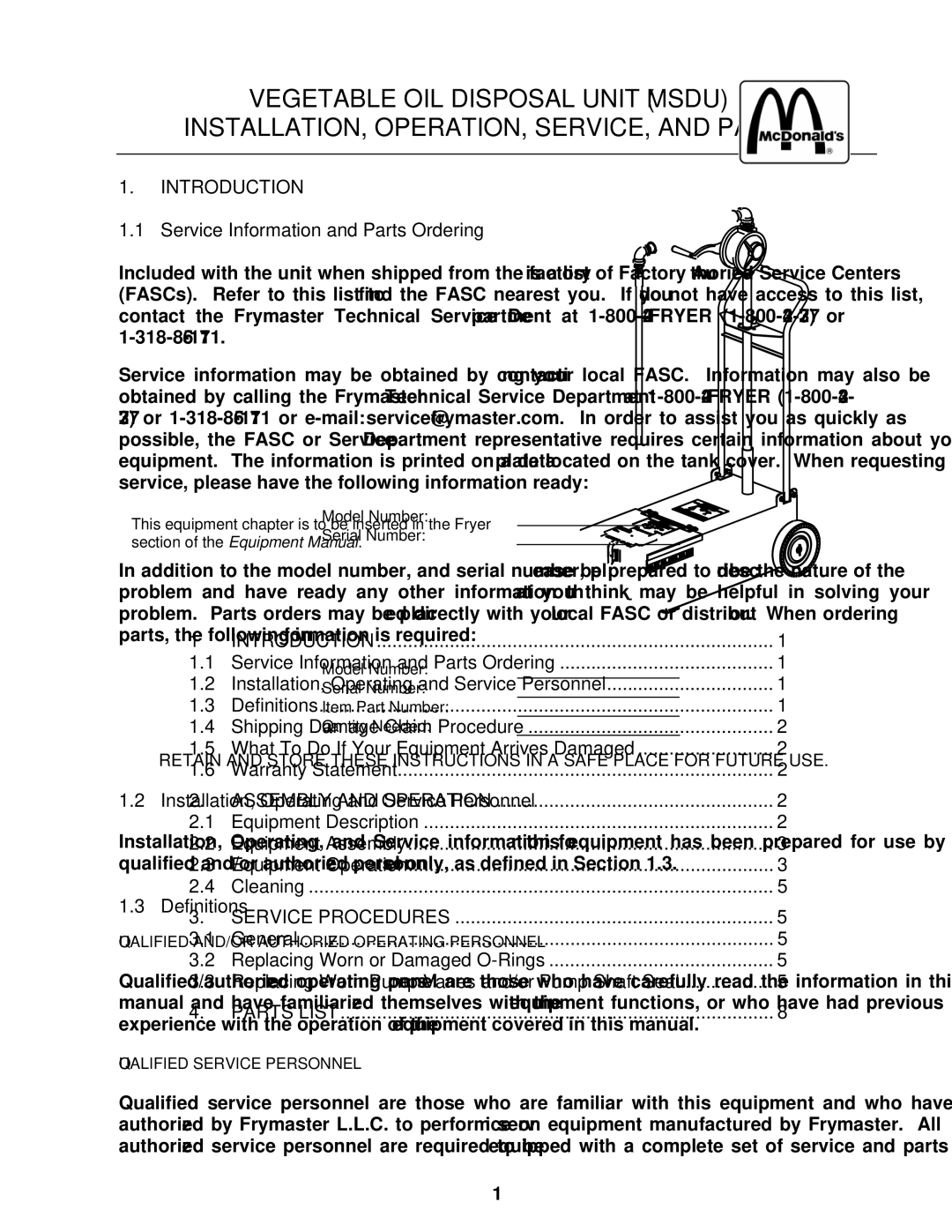 Frymaster MSDU Introduction, Service Information and Parts Ordering, Installation, Operating and Service Personnel 
