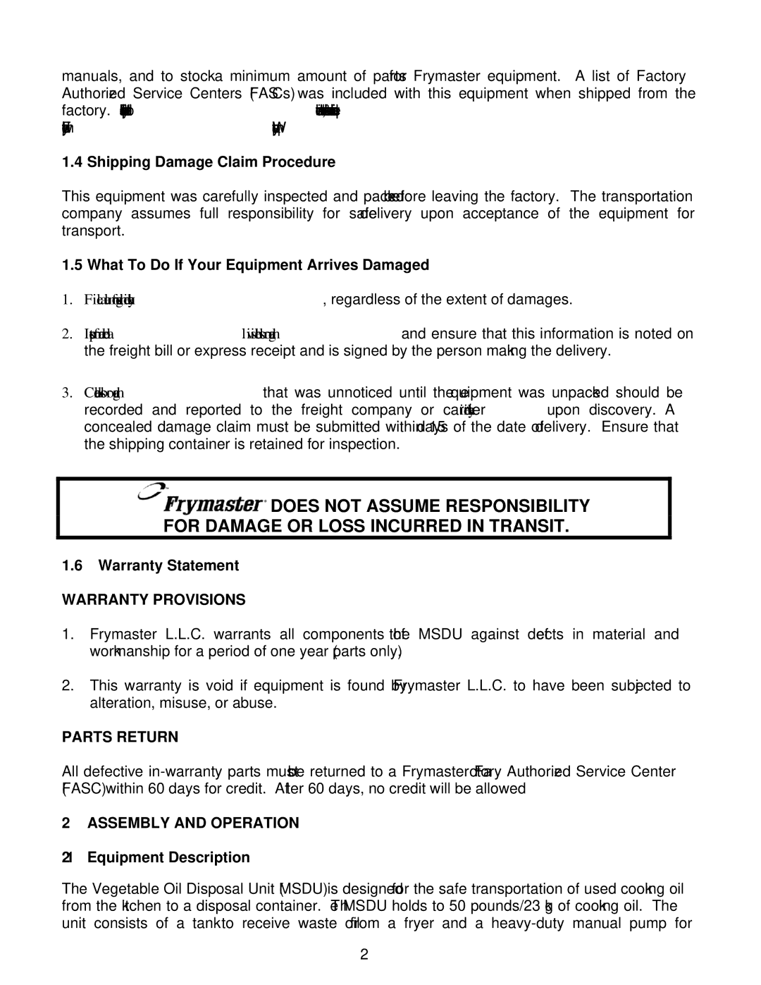 Frymaster MSDU service manual Warranty Provisions, Parts Return, Assembly and Operation 