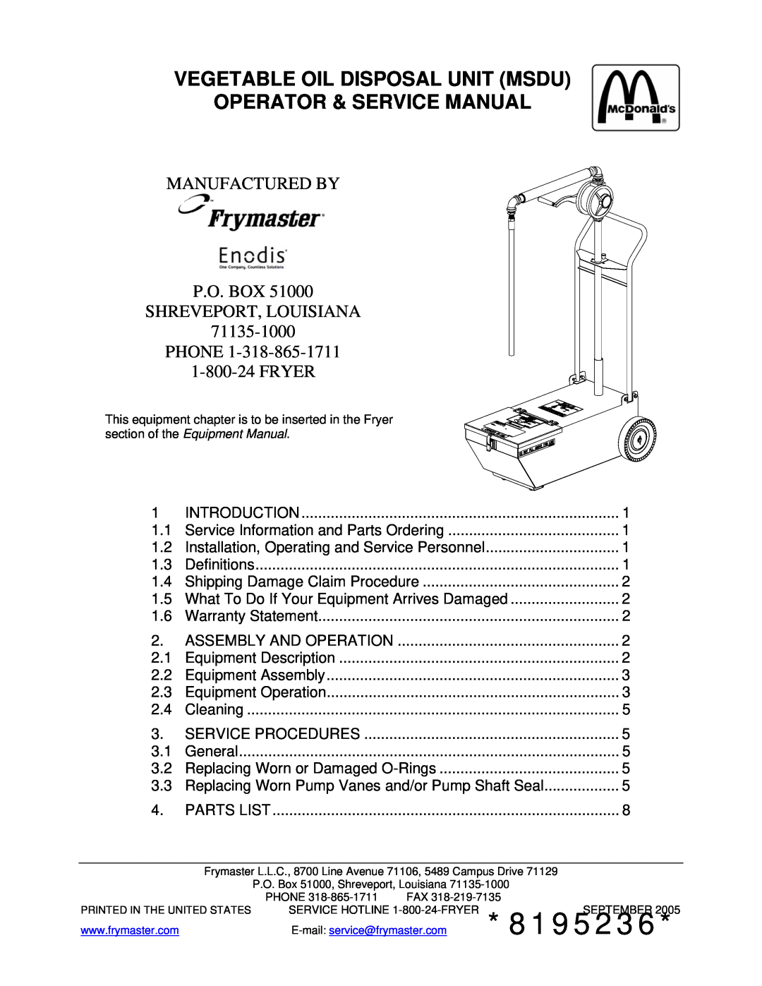 Frymaster MSDU service manual 8195236, MANUFACTURED BY P.O. BOX SHREVEPORT, LOUISIANA 71135-1000 PHONE, Fryer 