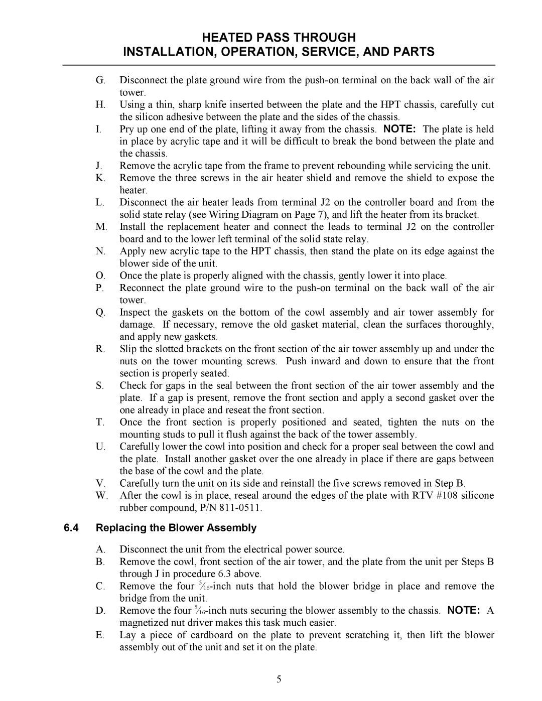 Frymaster none manual Replacing the Blower Assembly 