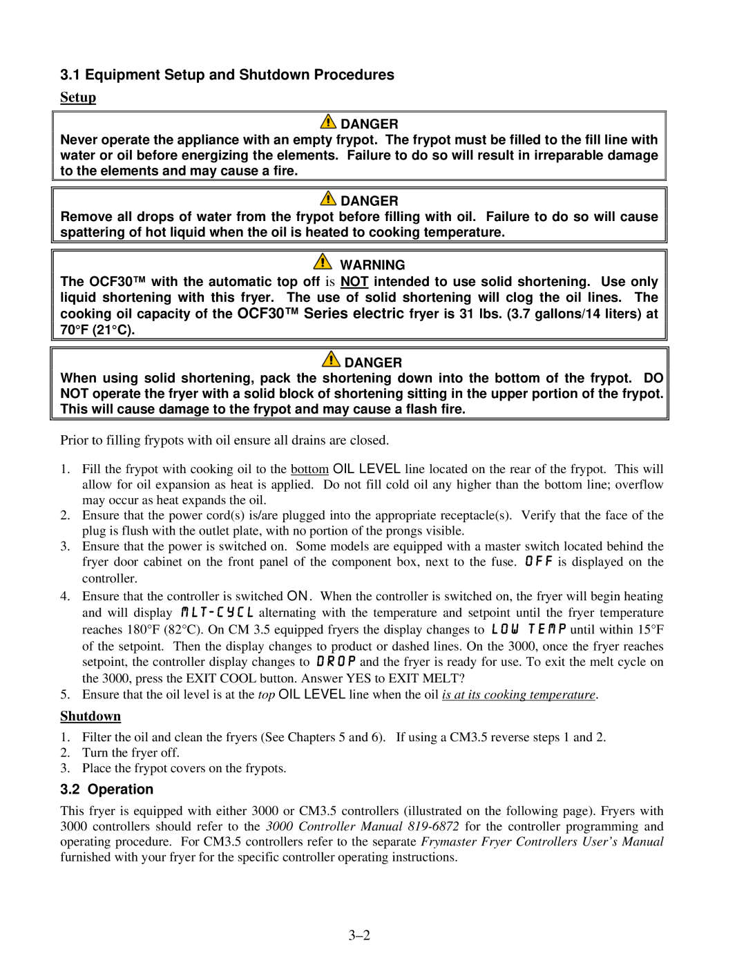 Frymaster OCF30 operation manual Equipment Setup and Shutdown Procedures 