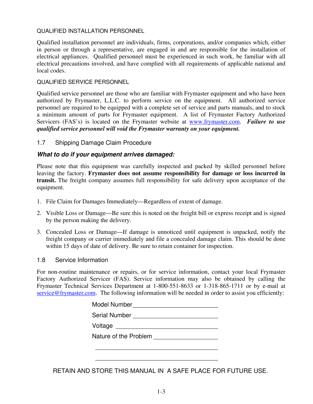 Frymaster OCF30 operation manual Shipping Damage Claim Procedure, Service Information 