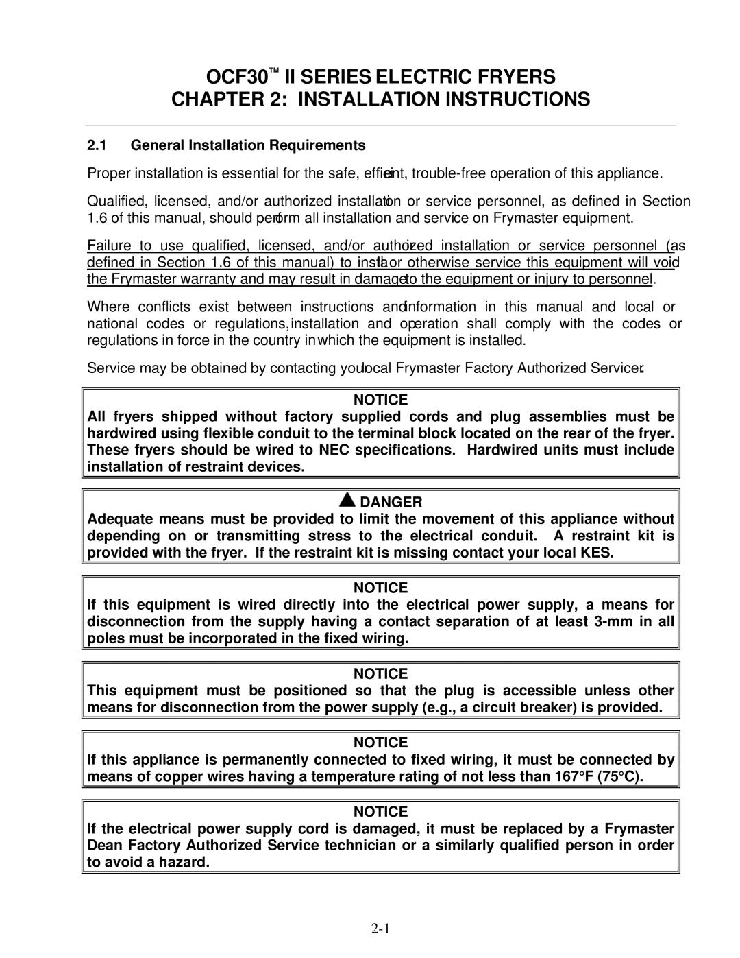 Frymaster operation manual OCF30 II Series Electric Fryers Installation Instructions, General Installation Requirements 