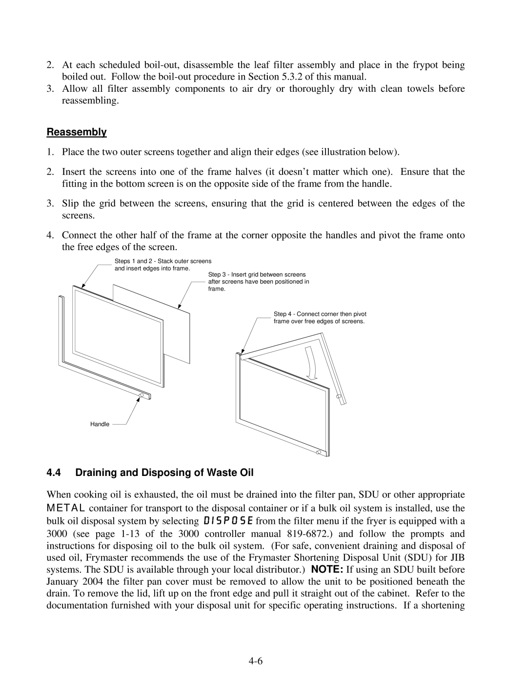 Frymaster OCF30 operation manual Reassembly, Draining and Disposing of Waste Oil 