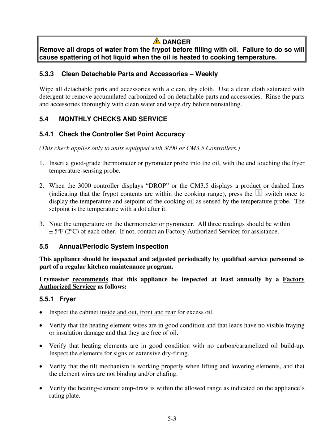Frymaster OCF30 operation manual Check the Controller Set Point Accuracy, Annual/Periodic System Inspection, Fryer 