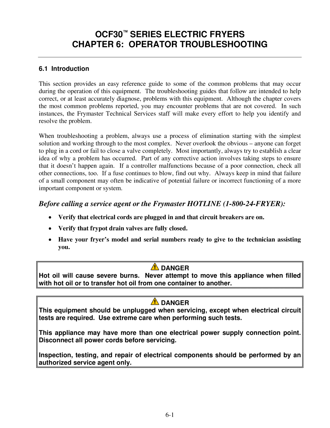 Frymaster operation manual OCF30 Series Electric Fryers Operator Troubleshooting, Introduction 