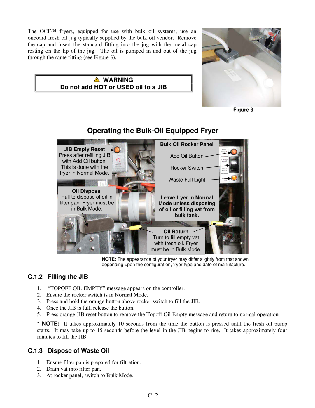 Frymaster OCF30 operation manual Do not add HOT or Used oil to a JIB, Filling the JIB, Dispose of Waste Oil 