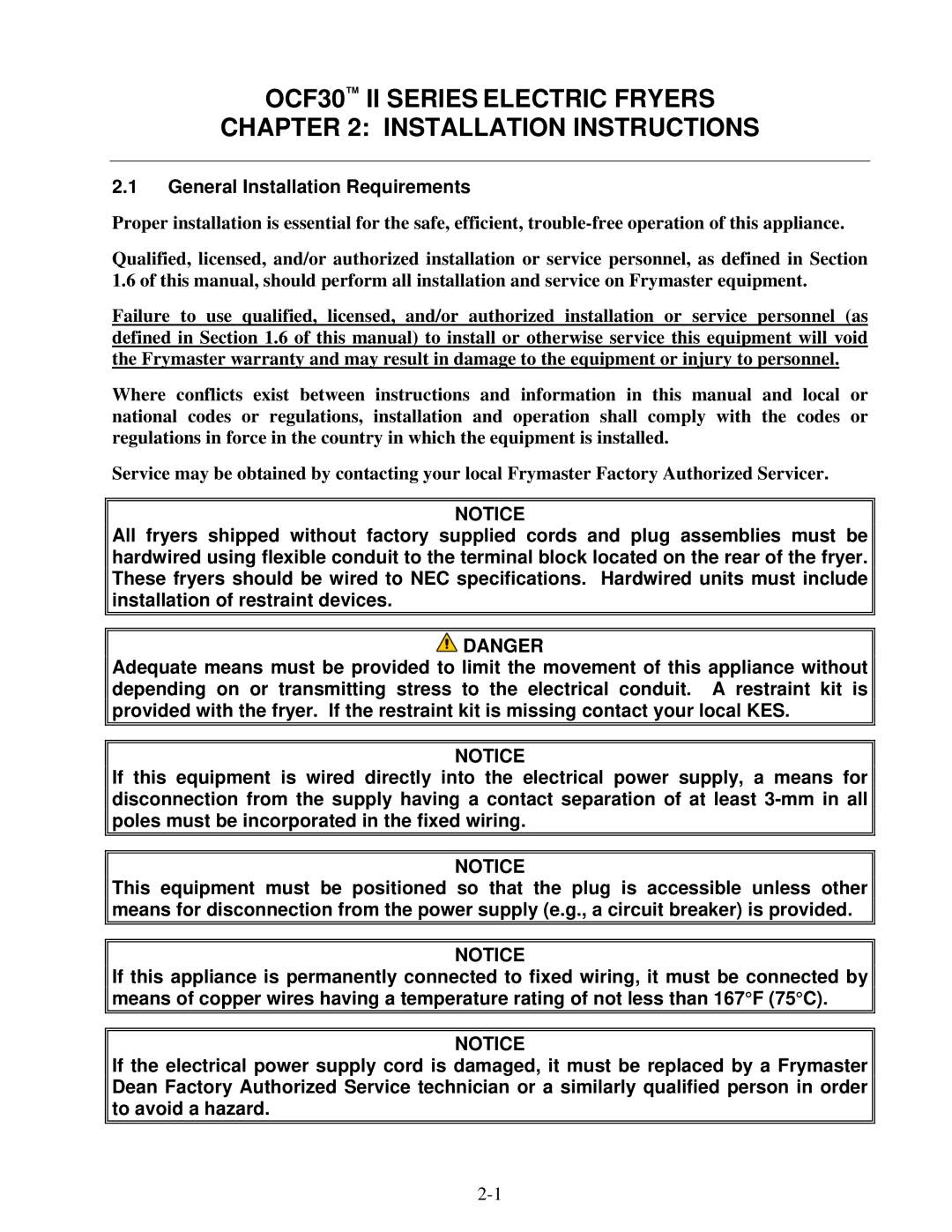 Frymaster operation manual OCF30 II Series Electric Fryers Installation Instructions, General Installation Requirements 