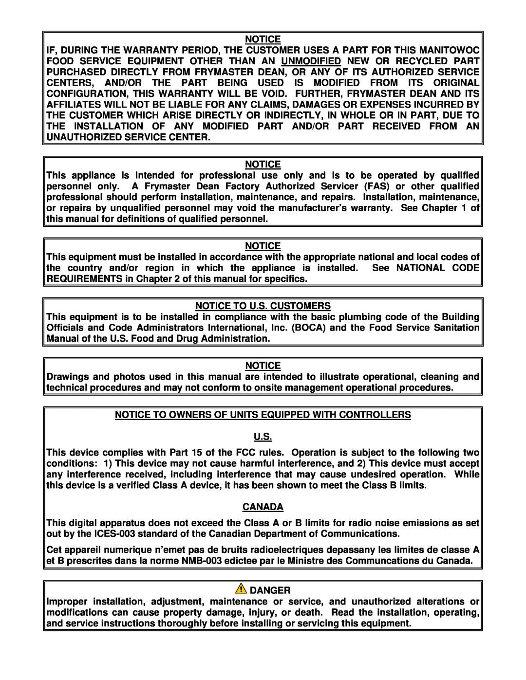 Frymaster OCF30 operation manual Notice To U.S. Customers, Canada, Danger 