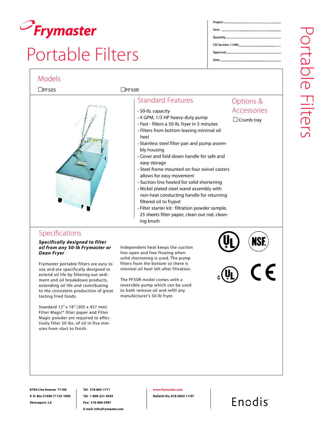 Frymaster PF50R, PF50S specifications Portable Filters 