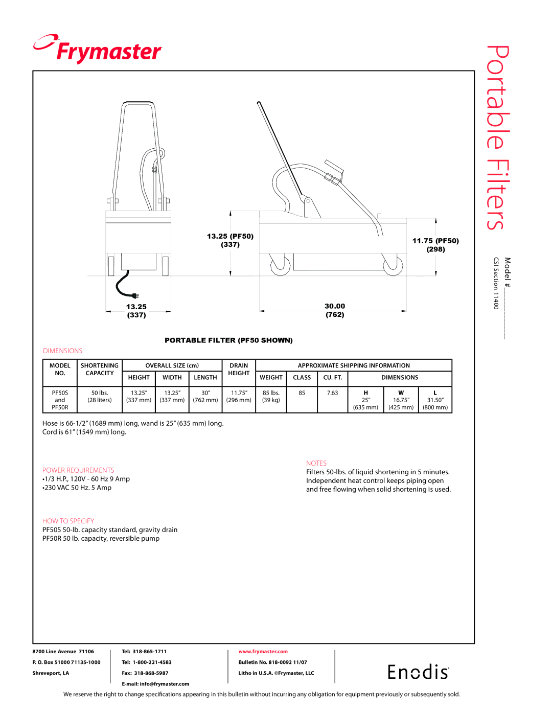 Frymaster PF50S, PF50R specifications Power requirements, How to specify 