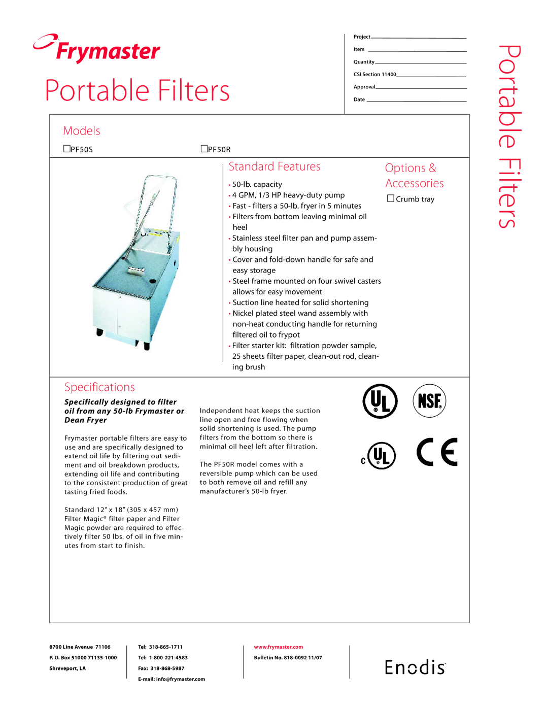 Frymaster PF50R specifications Portable Filters, Frymaster, Models, Standard Features, Options, Accessories, Dean Fryer 