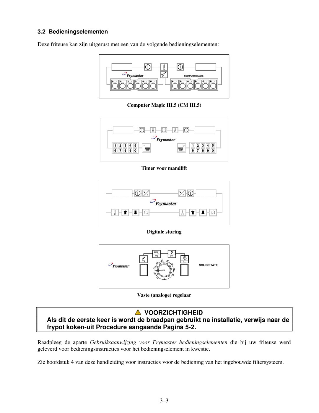 Frymaster Pro Series manual Voorzichtigheid, Bedieningselementen 